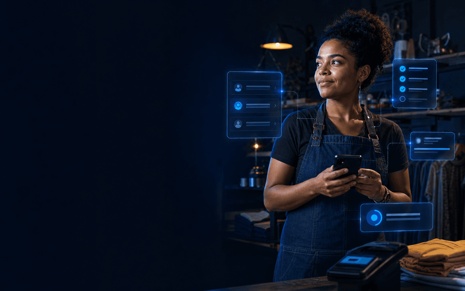 Empreendedora de pequeno negócio usando o celular com próximos passos comerciais destacados